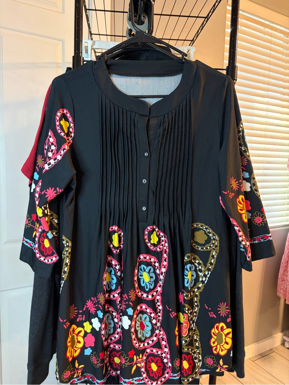 Reborn Black Long-Sleeve Floral Pintuck Tunic Dress